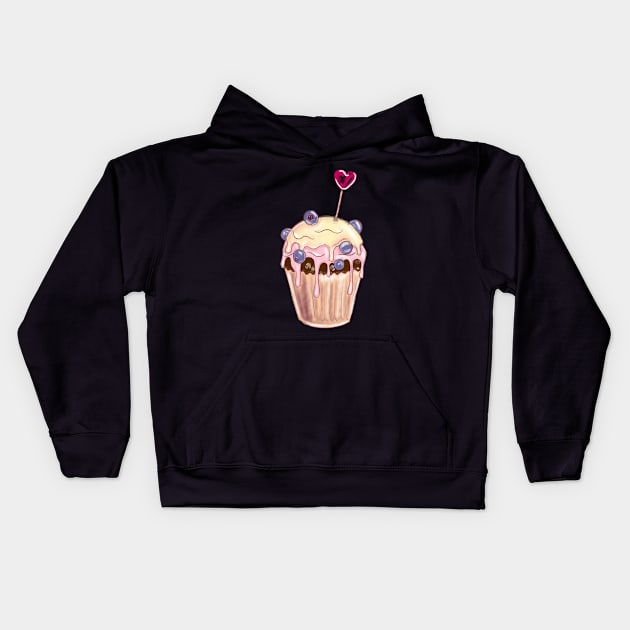 Chocolate cupcake with blueberries and love sign Kids Hoodie by Carriefamous